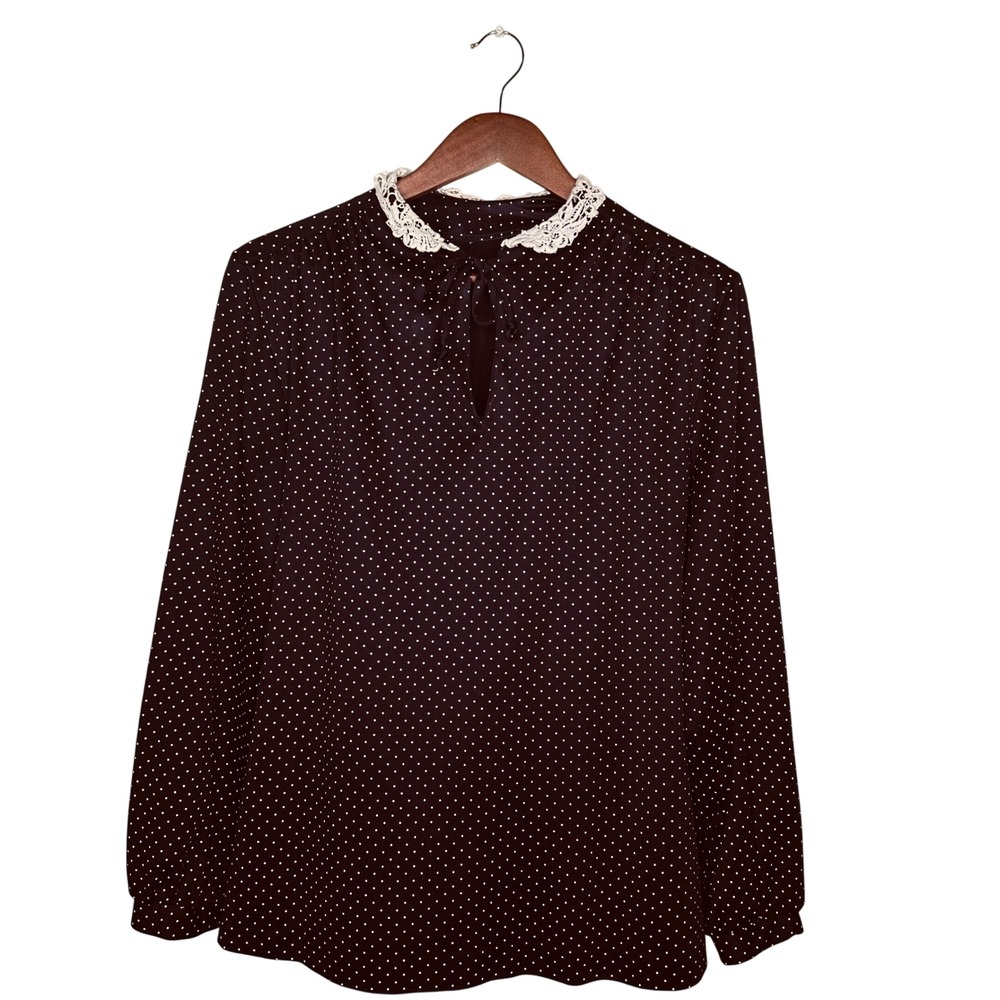 Vintage Black Polka Dot Blouse Lace Collar Keyhole Tie Long Sleeve Top